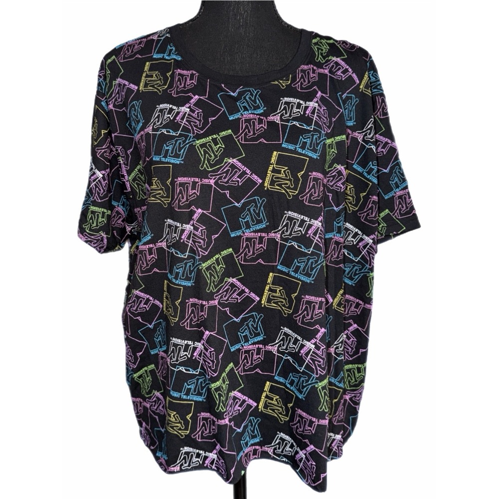 MTV Music Television Neon All Over Logo Print T-Shirt Black 1X Retro 90s Style